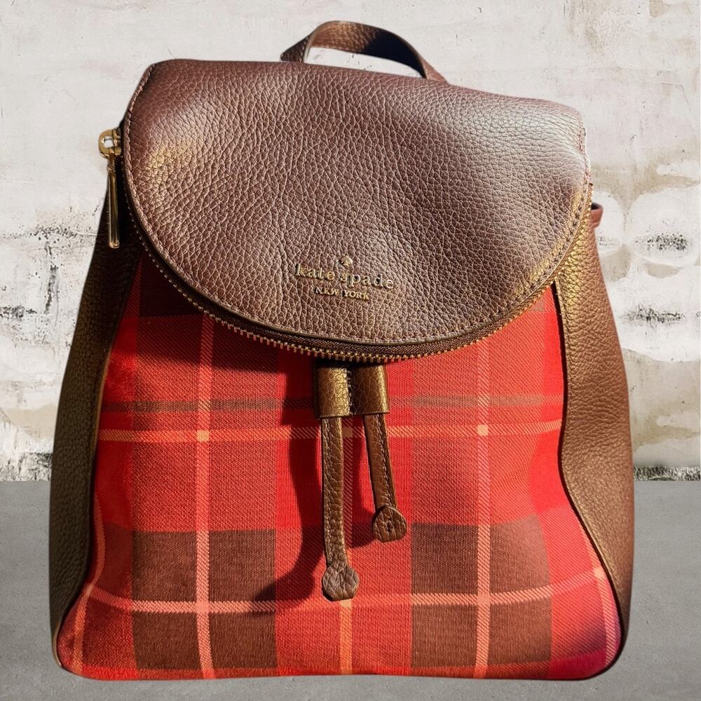 Kate Spade $359 Leila Red and Black Plaid Backpack